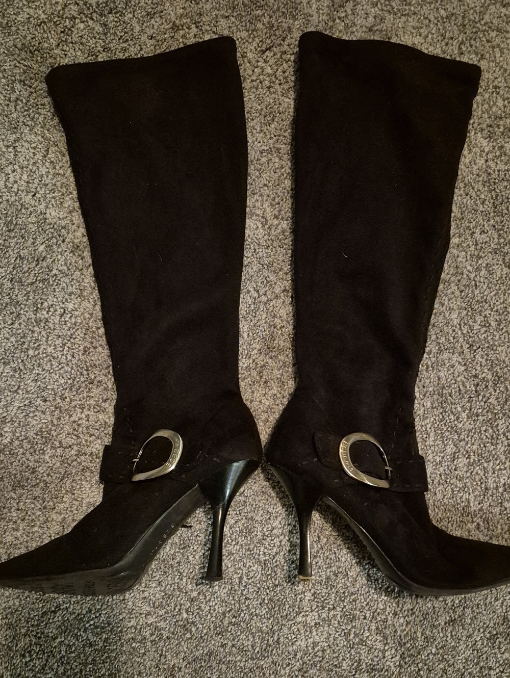 BCBGirls Black To-the-Knee Stiletto Boots with Decorative Buckle